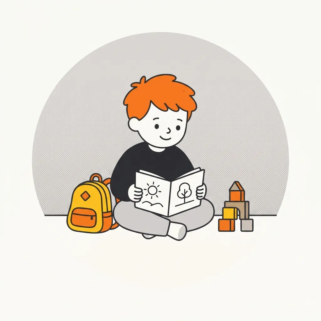 床に座って絵本を読んでいる子どものイラスト